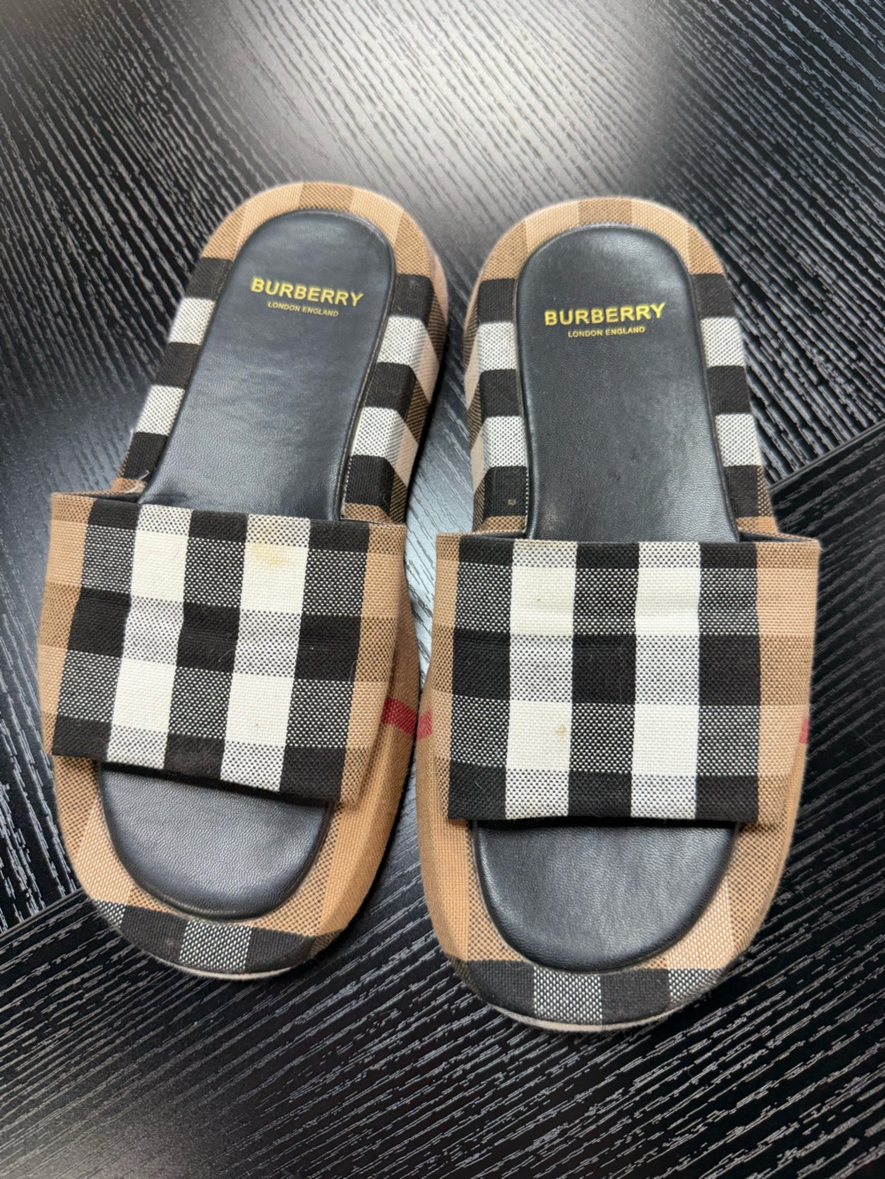 Burberry Black/Tan/White Check Slide Sandals